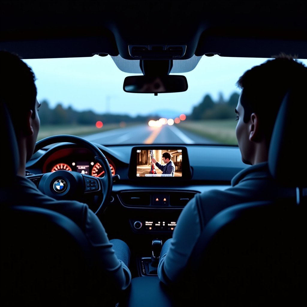 A person sitting in the driver seat of a modern car parked at night, watching a cinematic movie on the large dashboard screen via Apple CarPlay. The atmosphere is cozy with ambient cabin lighting. Realistic photography style, 4:3 aspect ratio.