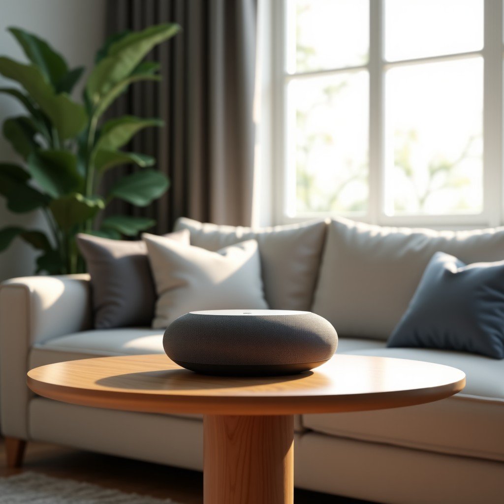 A sleek and minimalist smart speaker designed with a premium metallic and fabric finish, sitting on a modern wooden side table in a brightly lit living room, futuristic yet peaceful aesthetic, high resolution, 4:3