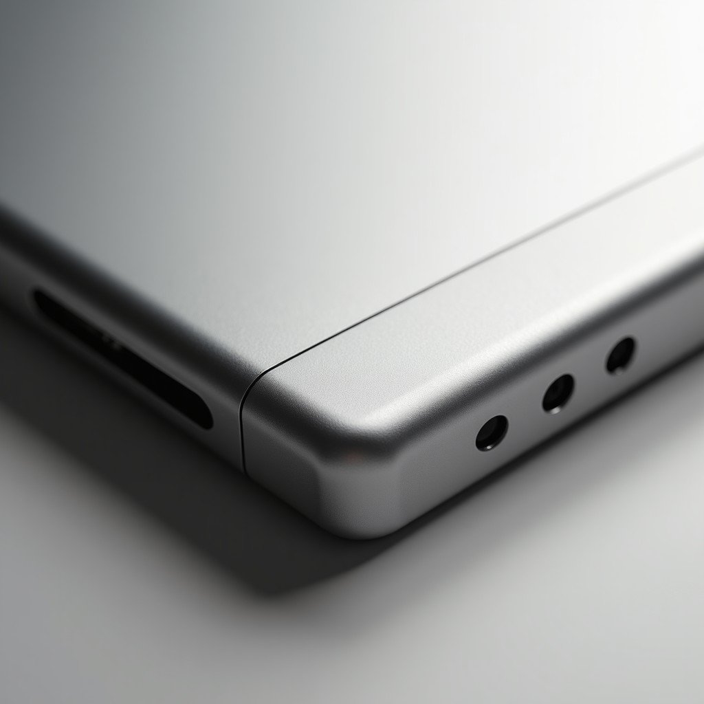 A close up shot of a high end electronic device showing premium materials like polished aluminum and tactile fabric, soft studio lighting highlighting the texture and curves, minimalist industrial design, 4:3