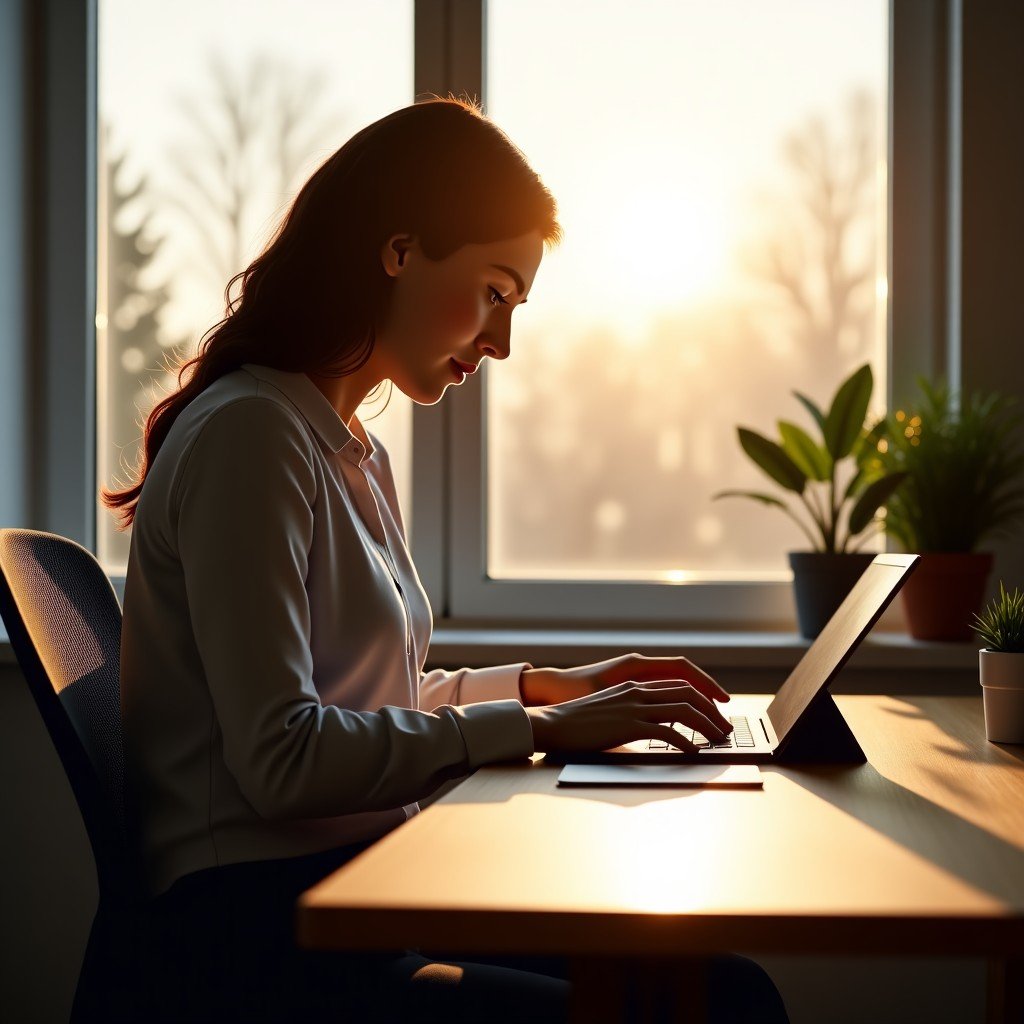 A professional person working in a quiet, modern home office using a tablet with a clean AI interface. Natural warm sunlight through the window, peaceful atmosphere, high quality photography, 4:3