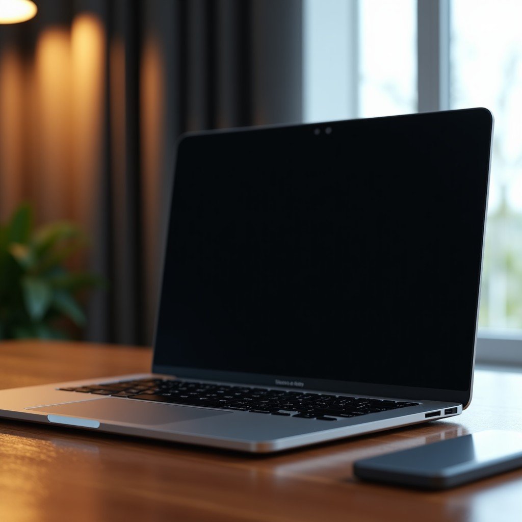A sleek screenless electronic gadget placed on a wooden desk next to a high-end laptop, minimalist design, metallic texture, soft ambient office lighting, professional atmosphere, 4:3