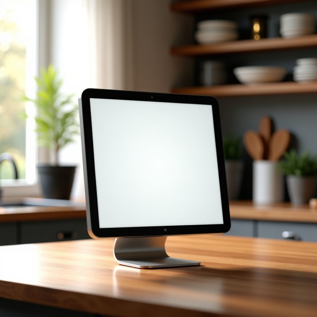 A sleek 7-inch square smart display with a minimalist metallic stand placed on a modern wooden kitchen counter. The screen shows a clean interface with smart home controls. Soft natural morning light, high-end lifestyle photography, premium Apple aesthetic. 4:3