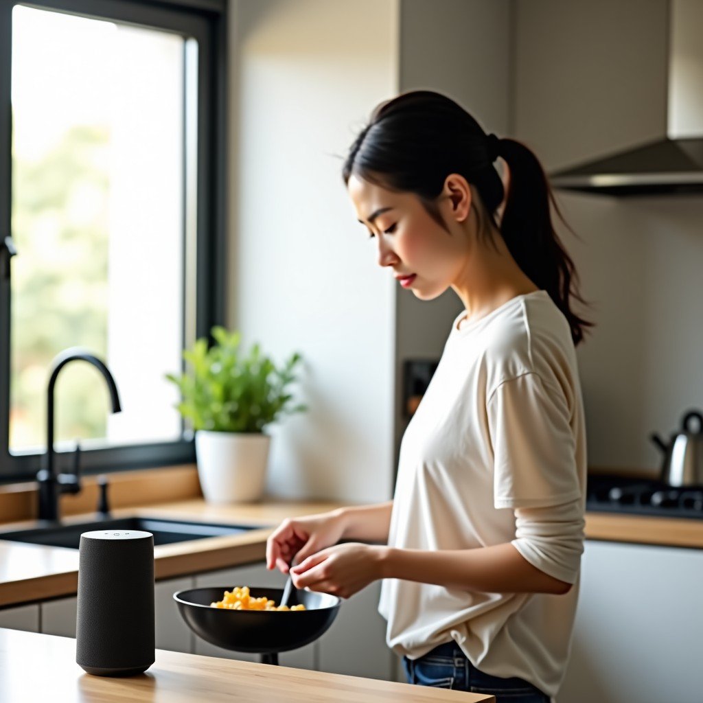 A lifestyle photography of a Korean woman in a bright kitchen using a smart speaker on the counter while cooking. 4:3