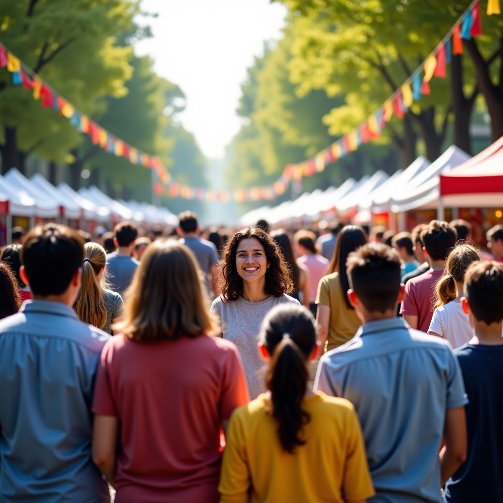 A group of diverse people enjoying a local outdoor community festival, colorful banners, food stalls in the background, joyful atmosphere, natural lighting, 4:3
