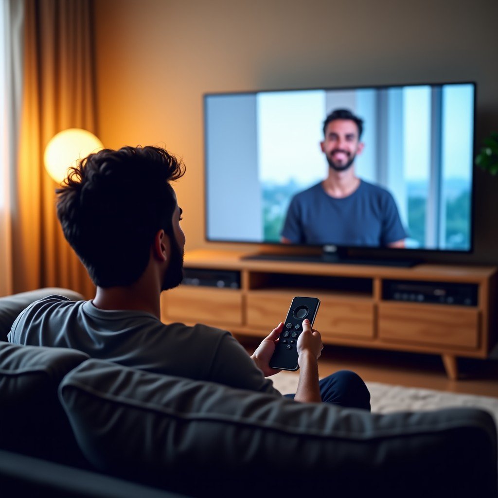 A person sitting comfortably on a sofa in a modern apartment, holding a remote control and looking at a large TV screen with a smile. The room is filled with soft natural light, and the overall mood is relaxed and satisfied. 4:3
