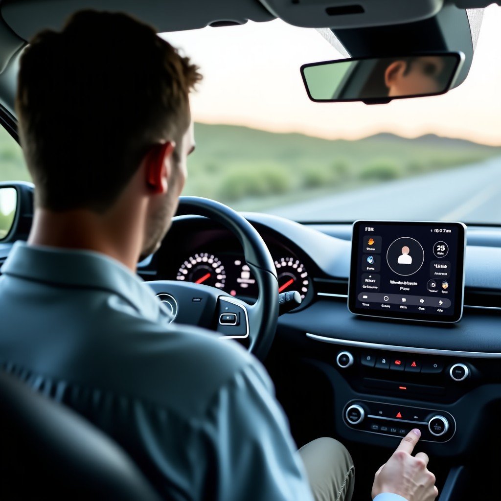 A modern car interior dashboard showing a disconnected smartphone interface on the screen. A person is sitting in the driver seat looking confused at the display. High quality photography, natural daylight, professional lighting, 4:3