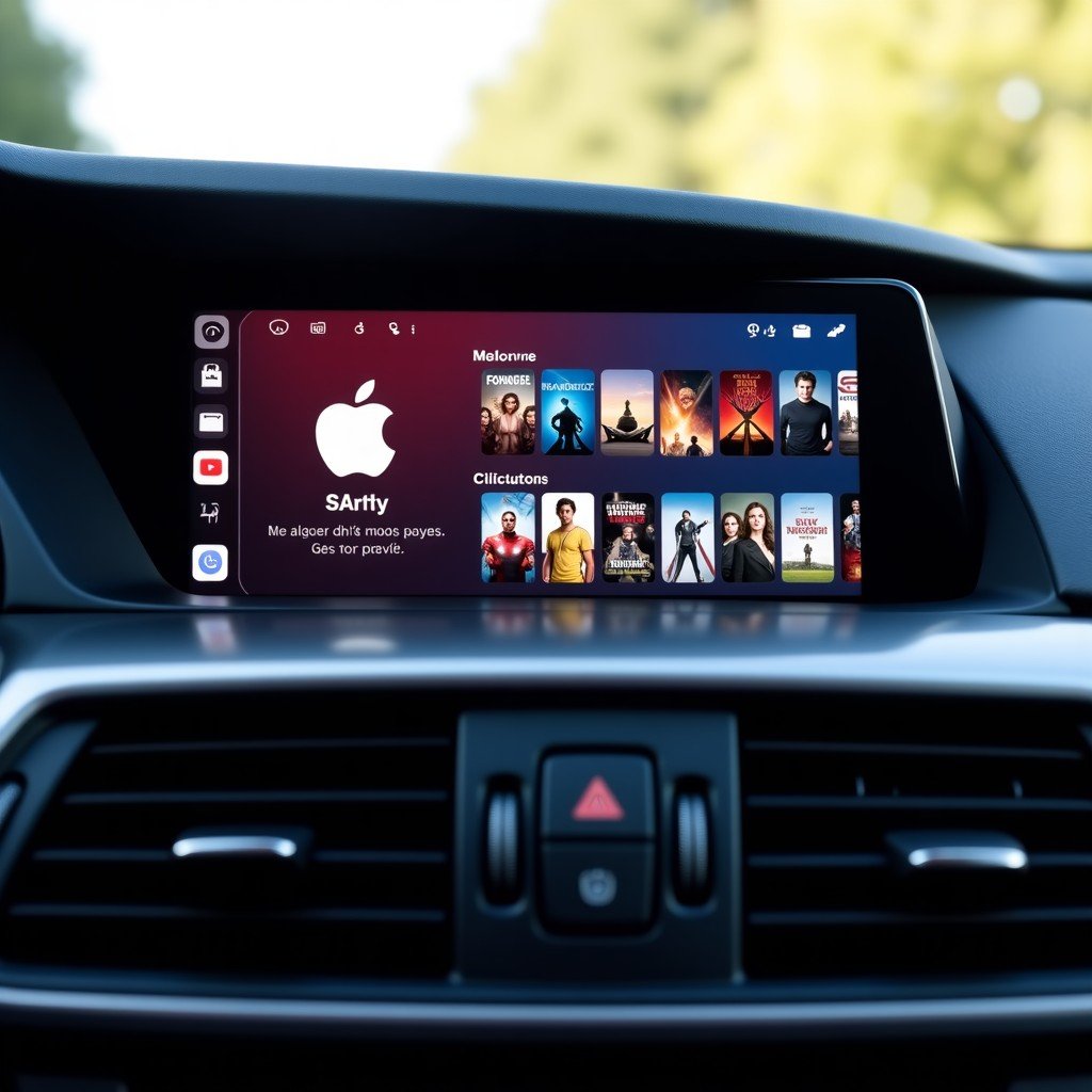 A sleek car dashboard display showing the Apple TV app icon and a grid of movie posters. The design is clean and matches the Apple CarPlay aesthetic. Dark mode interface with vibrant colors. 4:3