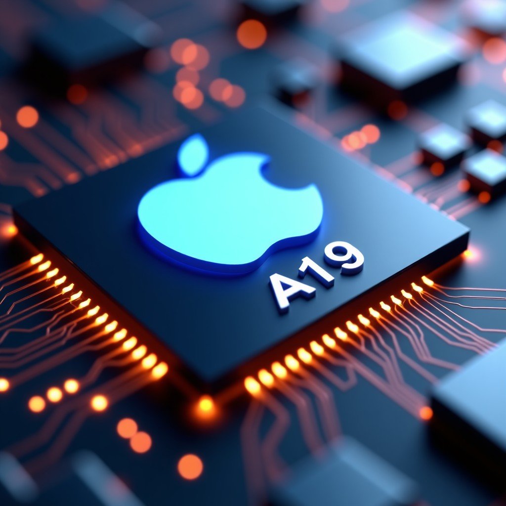 Macro shot of a futuristic mobile processor chip with Apple logo and text A19, metallic texture, glowing circuits. 4:3