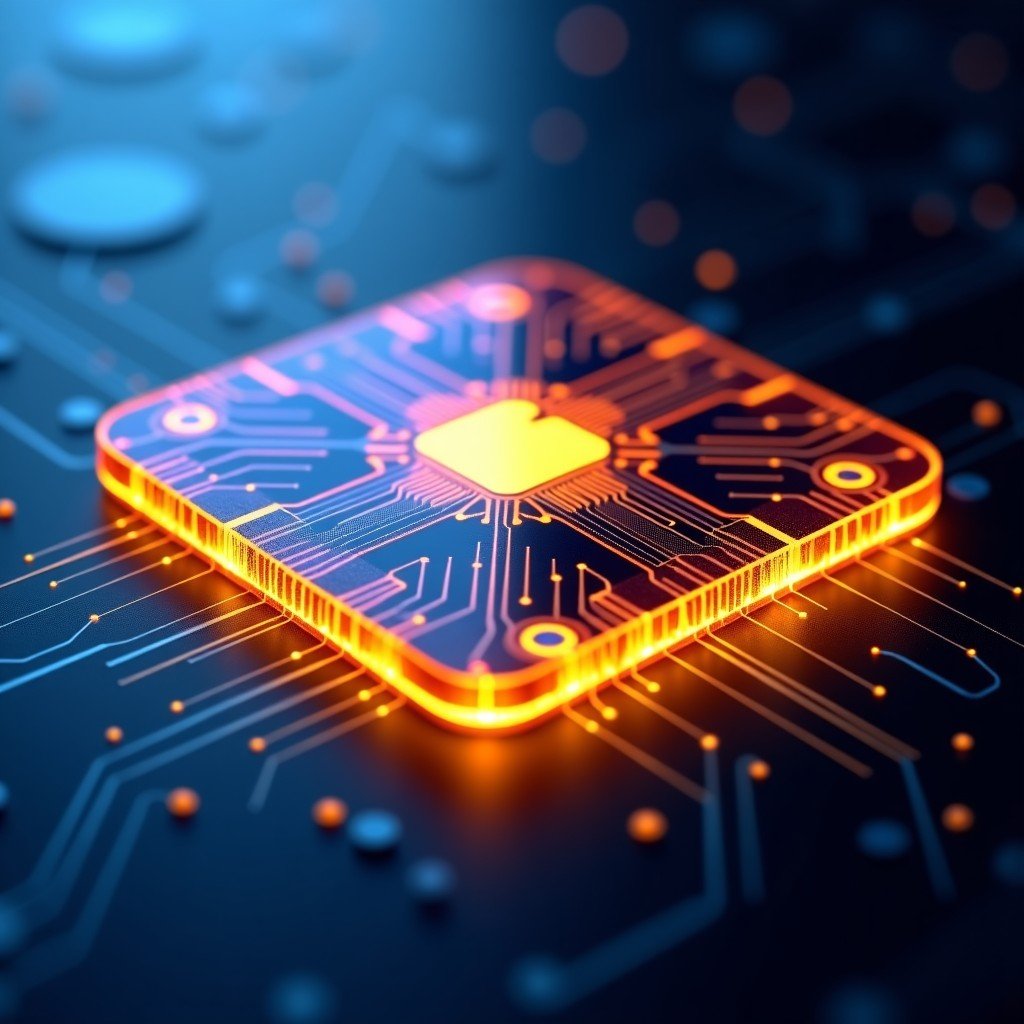 A futuristic and highly detailed close-up of an Apple M5 silicon chip glowing with intricate gold and blue neural circuit patterns on a dark metallic background. 4:3