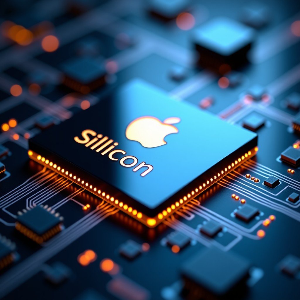 A futuristic semiconductor chip with the text Apple Silicon style, glowing circuits, placed on a sleek metallic surface, cinematic lighting, high contrast, 4:3