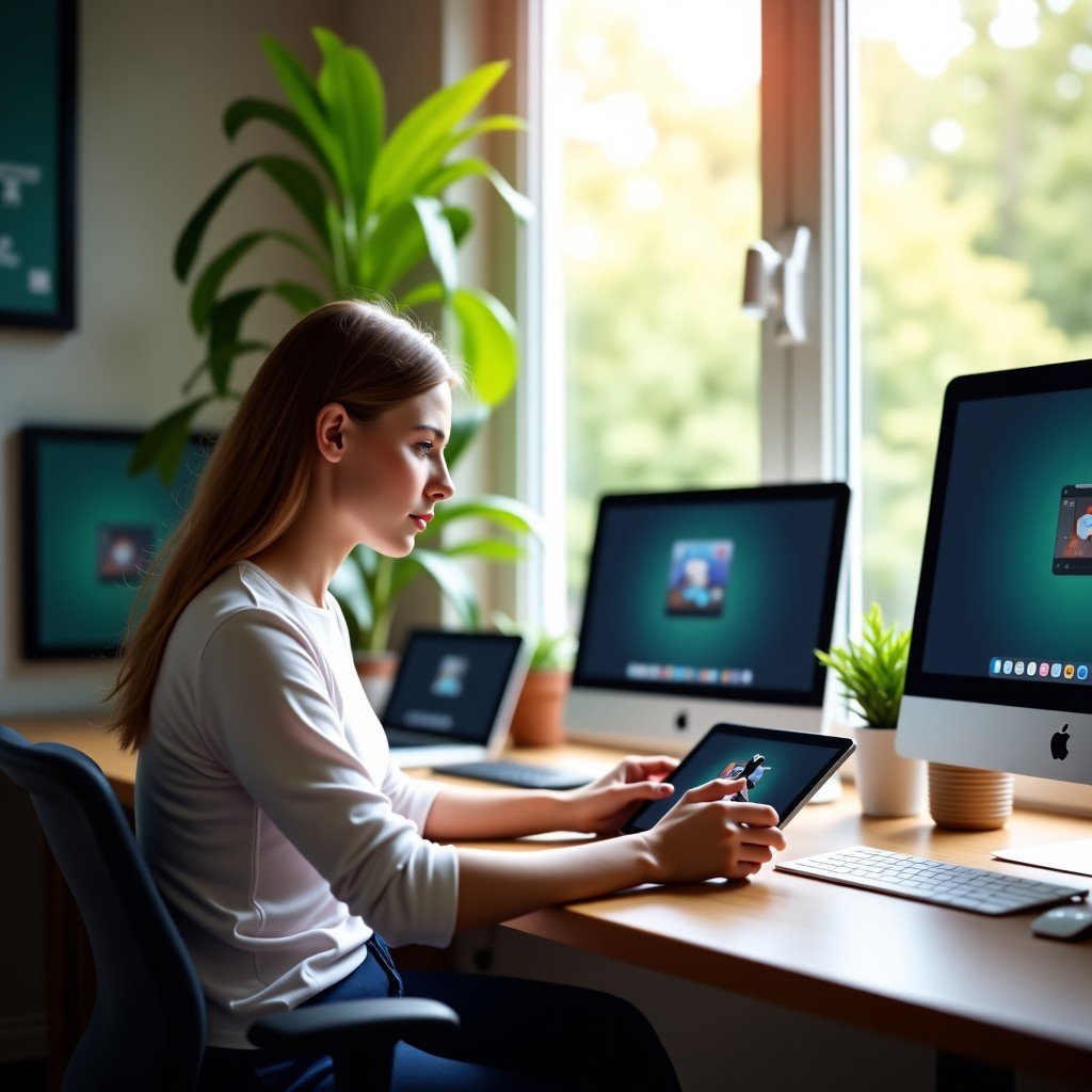 High-quality photography of a clean and bright creative studio with Apple devices, a digital artist working on a tablet, natural sunlight filtering through leaves, vibrant colors, inspiring environment. 4:3