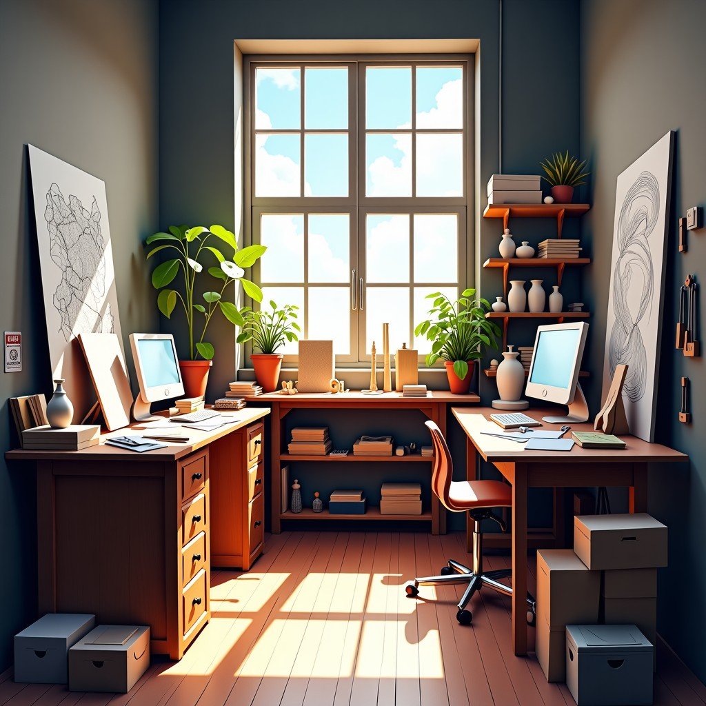 A vibrant artists studio filled with sketches architectural models and design tools. Natural light illuminating the creative chaos. High contrast and detailed composition. Artistic rendering style. 4:3