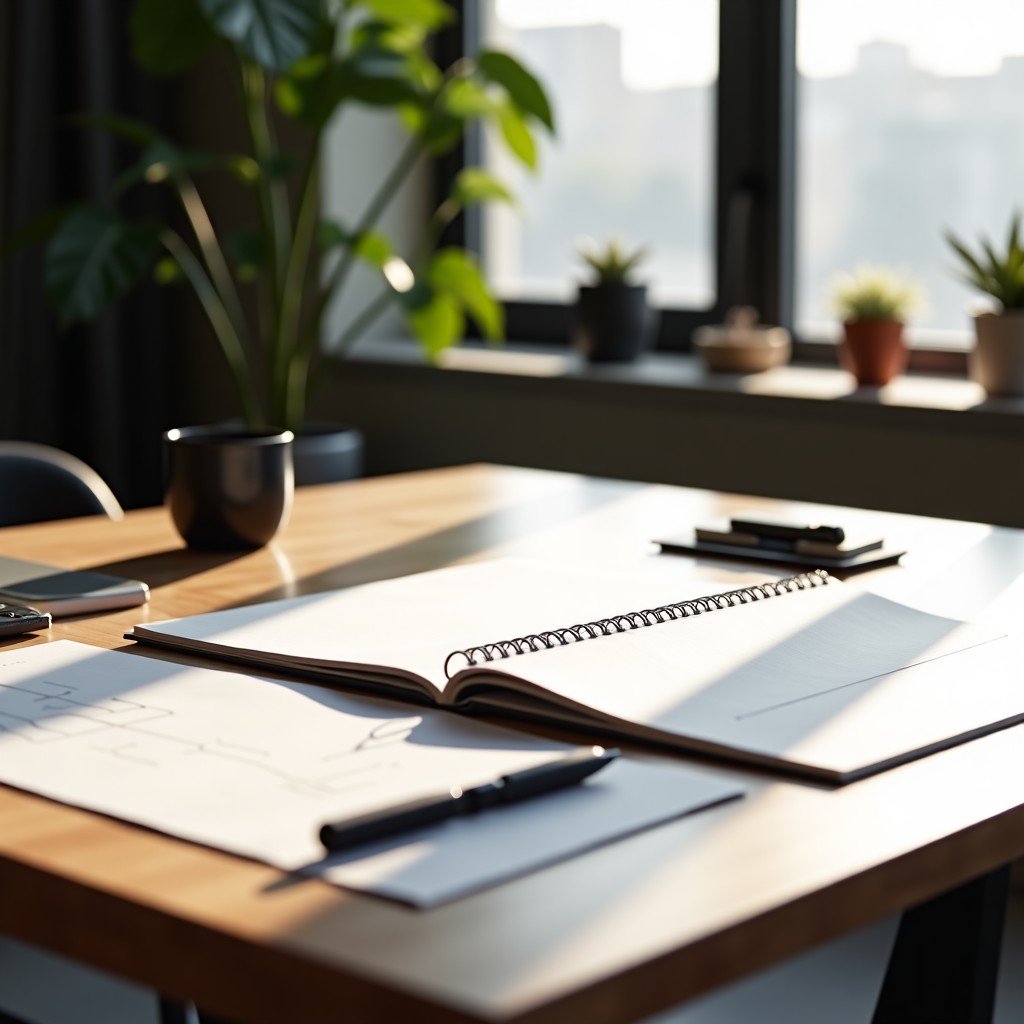 A professional design studio environment with sleek sketches and material samples on a table, soft natural light, modern and sophisticated atmosphere, 4:3