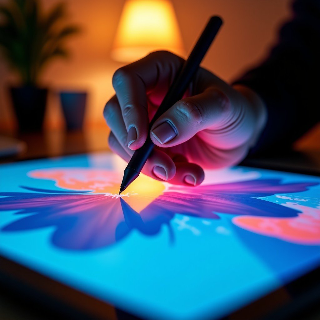 Close up of a persons hands using a high-end stylus on a digital tablet to edit a vibrant artistic image, creative studio environment with warm ambient lighting, realistic photography style, 4:3