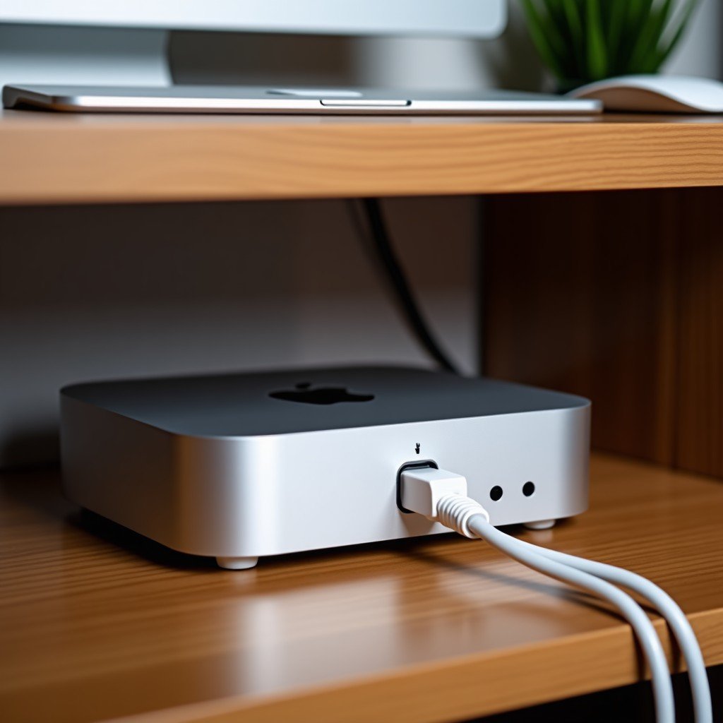 A Mac mini mounted under a wooden desk with high-quality ethernet cables and a Thunderbolt hub, organized cable management, tech-focused composition, 4:3