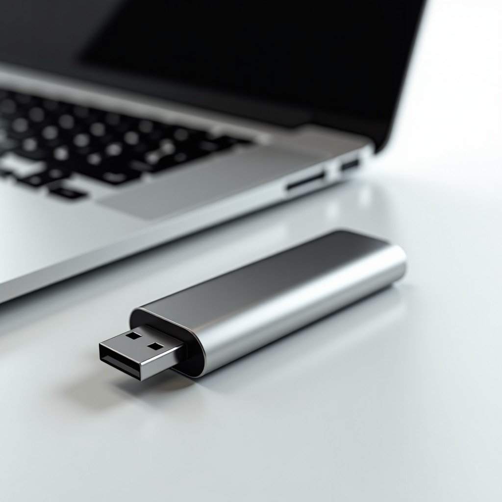A high-quality close-up shot of a silver metal USB flash drive sitting on a professional desk next to a modern laptop. Clean and minimalist workspace environment. 4:3