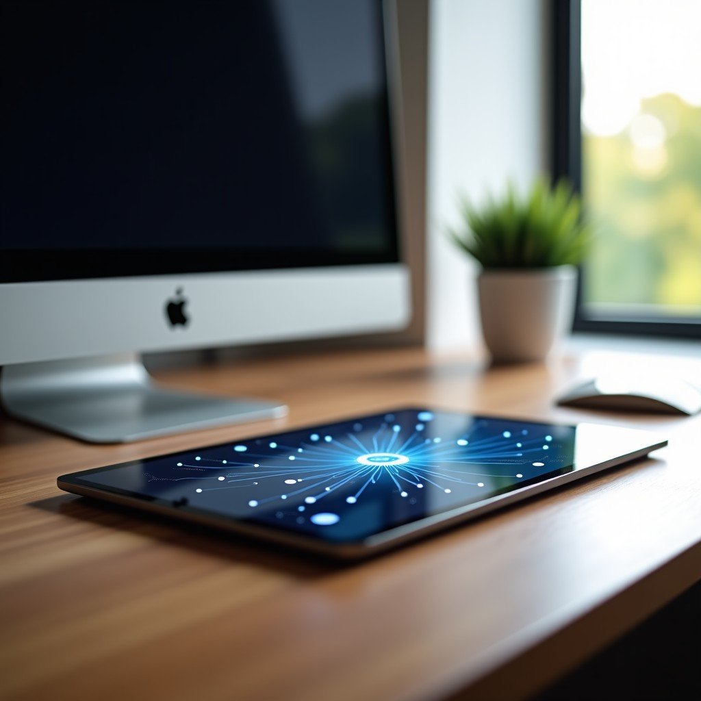 A sleek modern tablet lying on a wooden desk with subtle glowing light effects representing artificial intelligence and neural networks flowing from the screen. Soft morning sunlight through a window, clean setup, 4:3