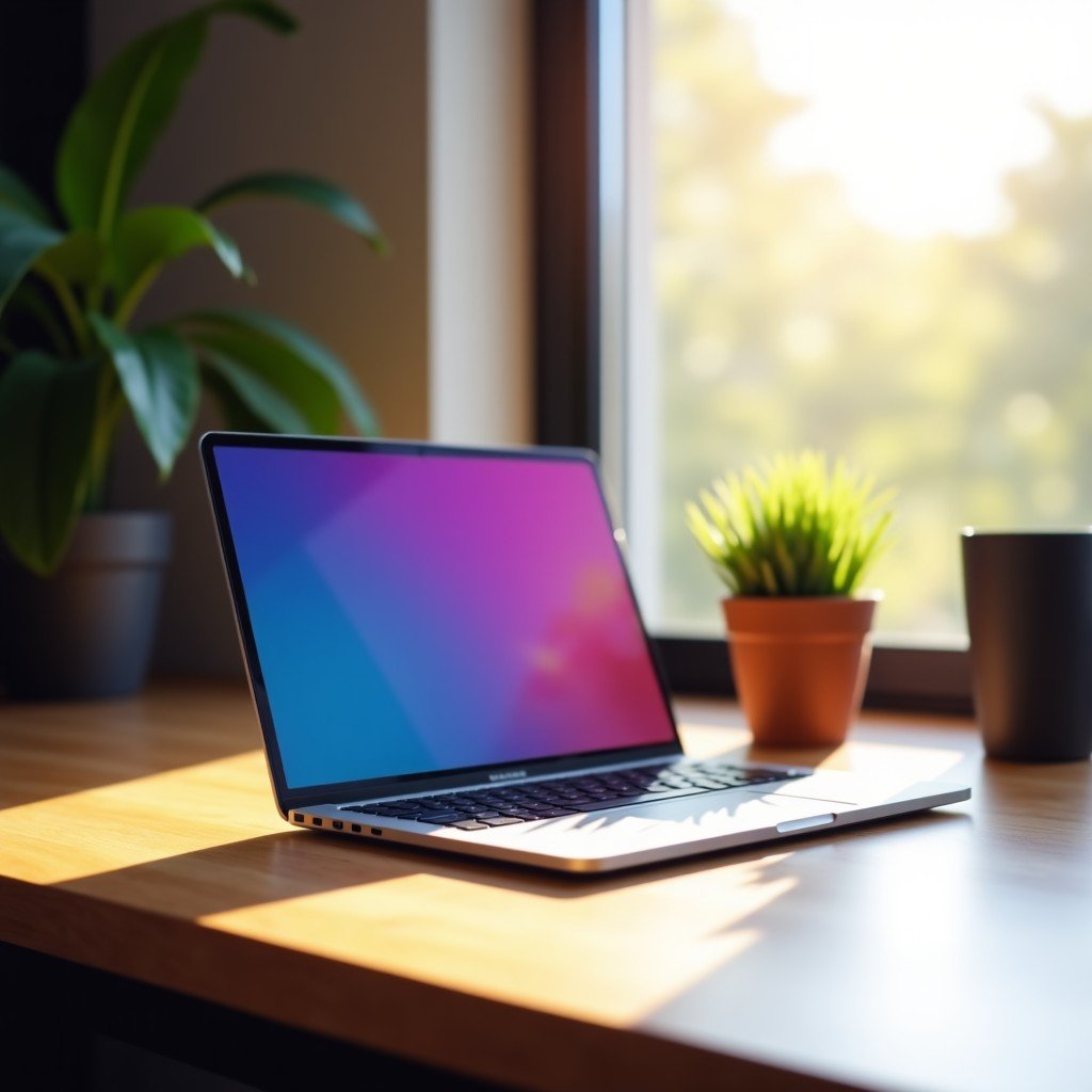 A modern colorful slim laptop placed on a wooden desk with soft morning sunlight, minimalist workspace, wide shot, high resolution, 4:3