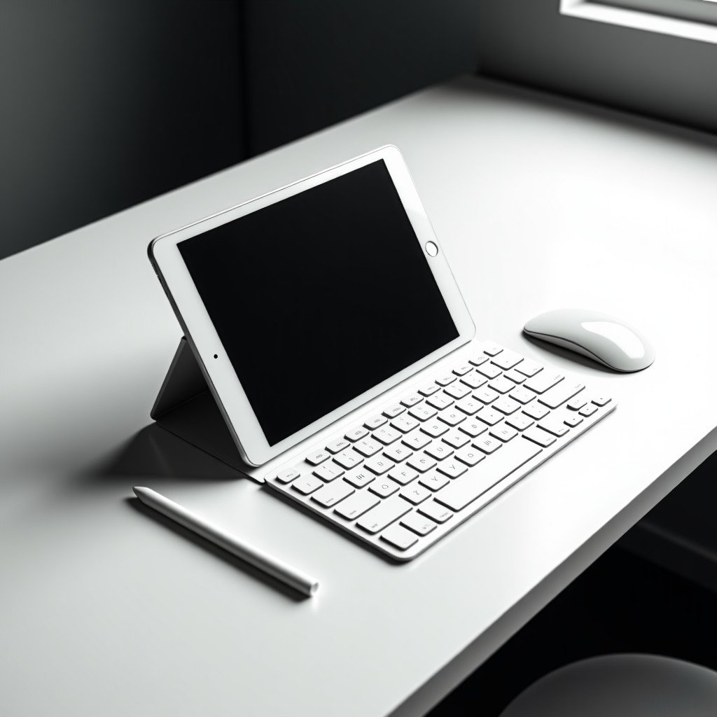 A 13-inch tablet attached to a white floating keyboard case on a minimalist desk. An Apple Pencil is magnetically attached to the side. Top-down view, clean aesthetic, soft shadows, high-end tech vibe. 4:3