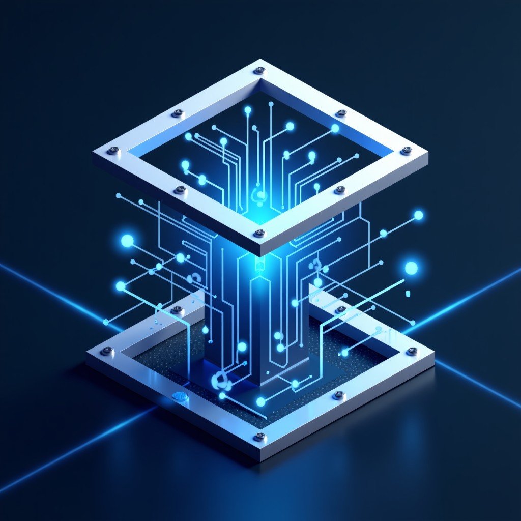 A sleek infographic-style illustration showing data nodes rapidly connecting to each other inside a metallic hardware frame. High contrast, professional lighting, representing speed and efficiency in data processing. 4:3