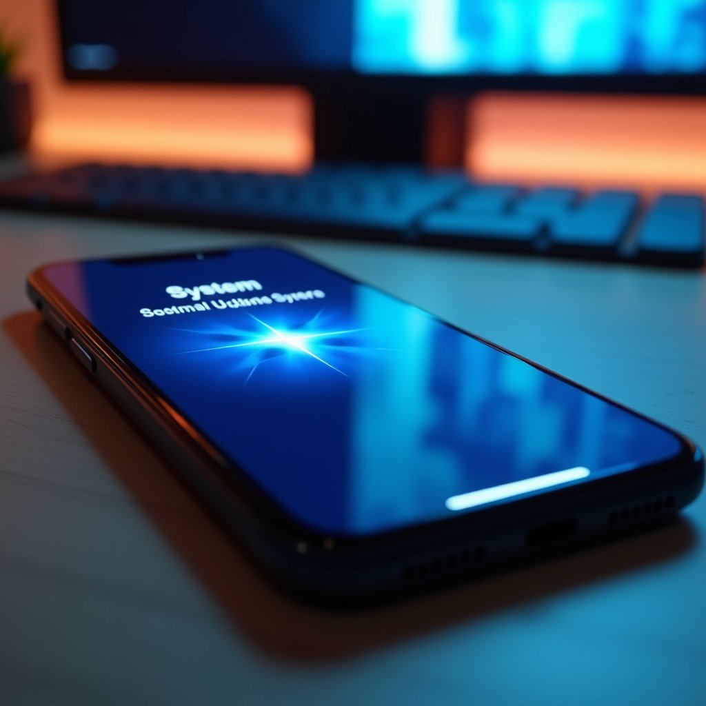 Close up of a smartphone screen showing a system update progress bar, modern desk environment with soft ambient lighting, high quality photography, 4:3