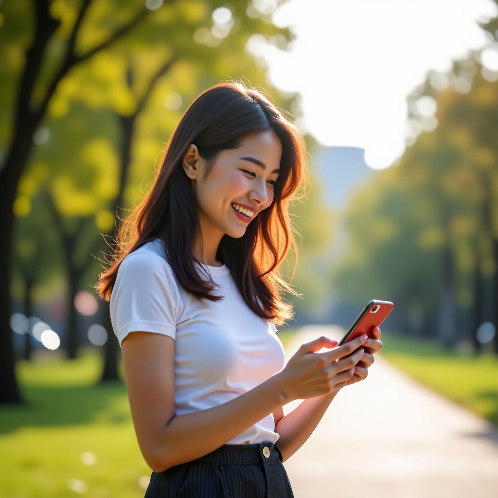 A stylish Korean woman in her 20s standing in a sunlit urban park, looking at her smartphone with a happy expression. She is interacting with a social media app. Soft focus background, natural skin tones, high-quality lifestyle photography. 4:3