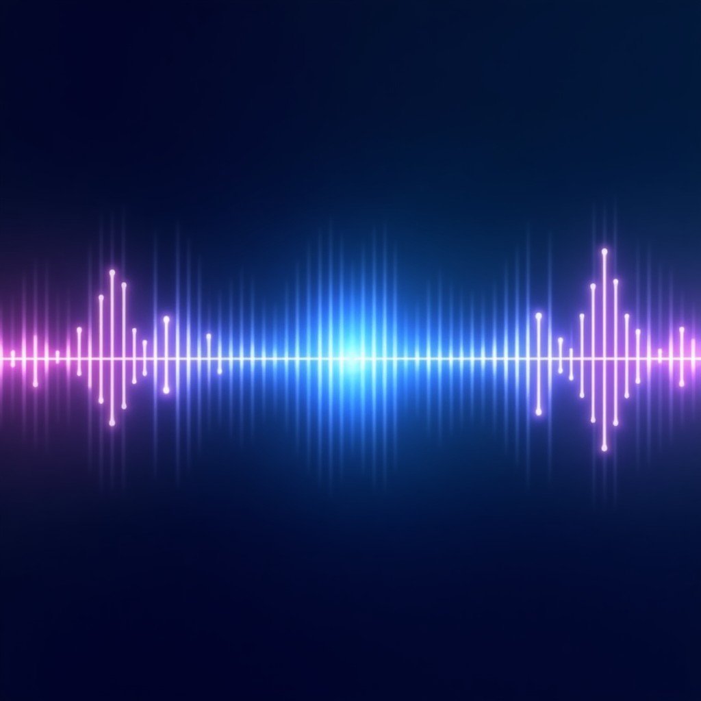 Artistic rendering of abstract glowing sound waves and audio frequency patterns in blue and purple tones. A clean minimalist aesthetic with a high-tech feel. No text. 4:3