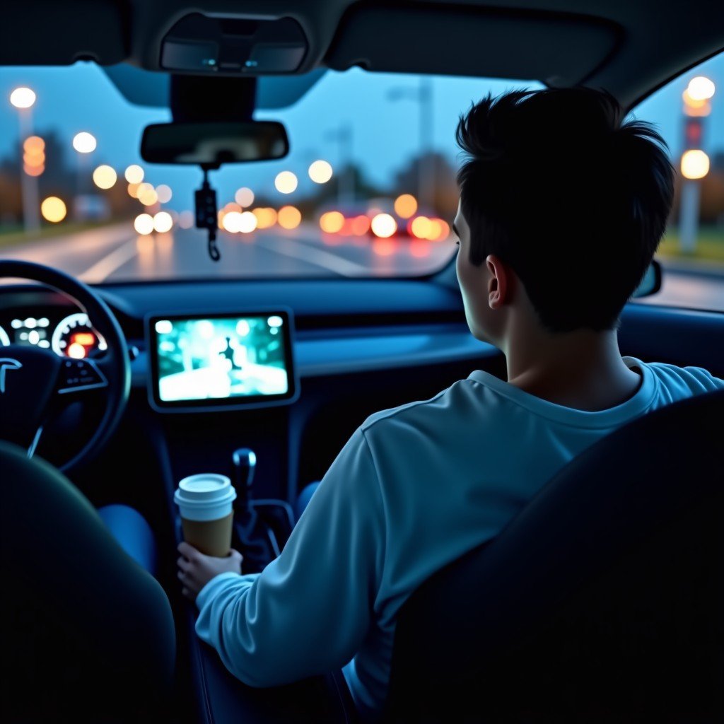 A person sitting in the driver seat of a parked car at an electric vehicle charging station at night. The dashboard screen is glowing with a movie scene. The person is relaxed with a coffee cup in the center console. Realistic lifestyle shot. 4:3