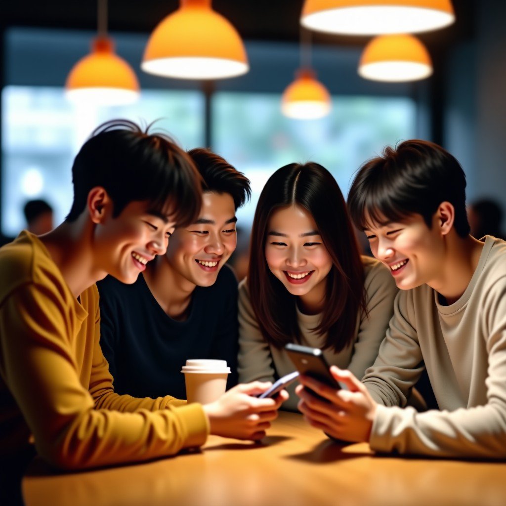 A group of Korean young adults sitting together in a cozy modern cafe, looking at a smartphone and smiling. They are wearing casual stylish clothes. The atmosphere is friendly and social. Soft indoor lighting with a shallow depth of field. 4:3