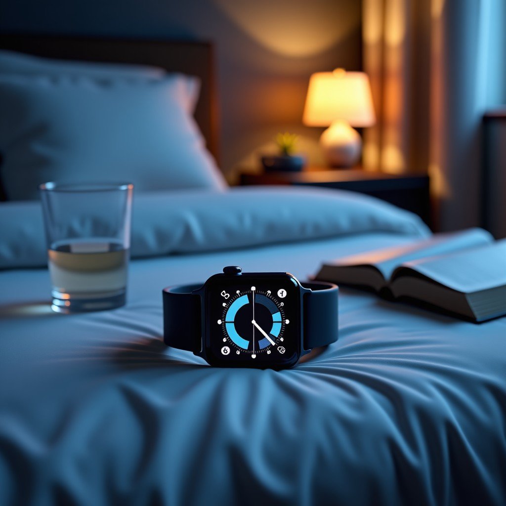 A modern smartwatch resting on a bedside table next to a glass of water and a book. The watch screen glows with a sleep cycle analysis graphic. The room is dimly lit with a cozy and calm atmosphere. 4:3