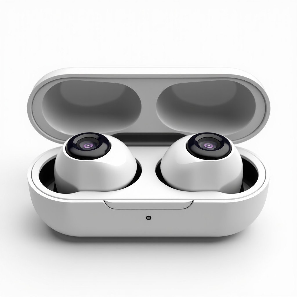 A pair of modern wireless earbuds with integrated micro camera sensors inside the casing, sleek white finish, studio lighting, detailed product shot, 4:3