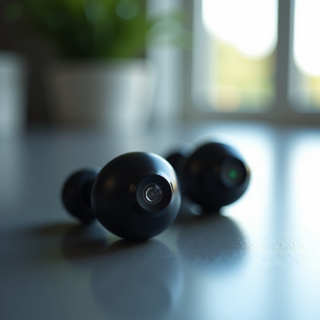 High-tech wireless earbuds with a subtle integrated camera lens resting on a clean metallic surface, soft natural light, macro photography, high detail, 1:1