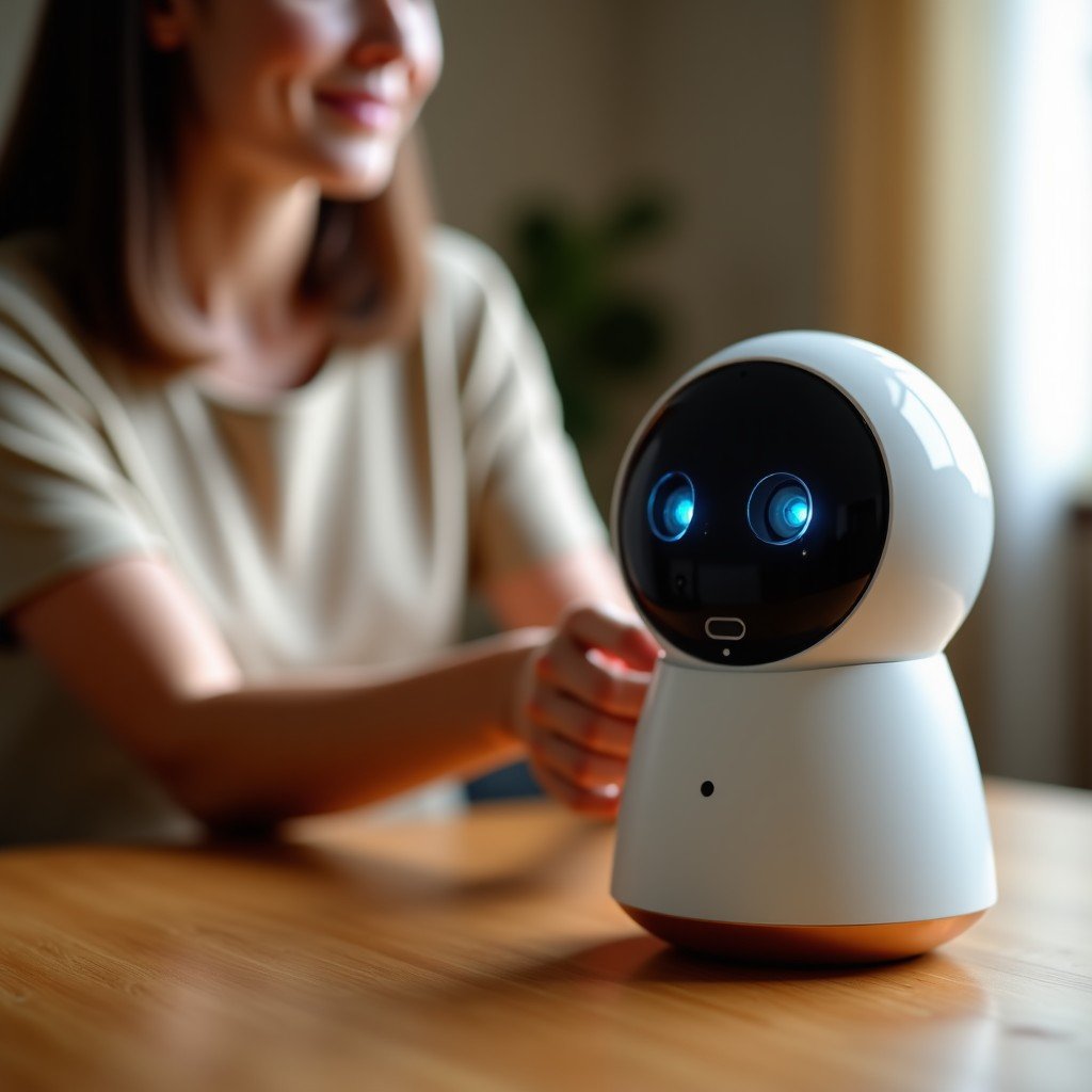 Close up of a sophisticated AI device with a small integrated camera lens, person interacting with it in a warm home environment, soft natural lighting, realistic photography style, 4:3