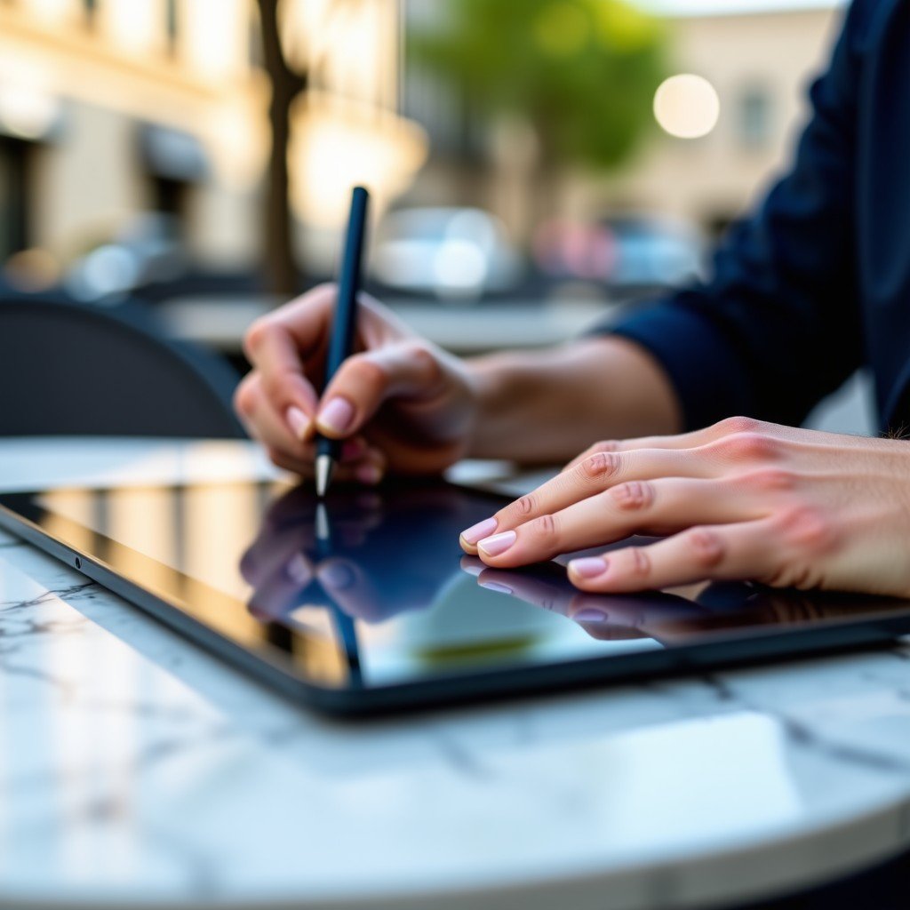 Close-up of a person hands using a large 13-inch tablet with a stylus on a marble cafe table outdoors. Bright daylight, urban background with soft bokeh, realistic skin textures, modern professional vibe. 4:3