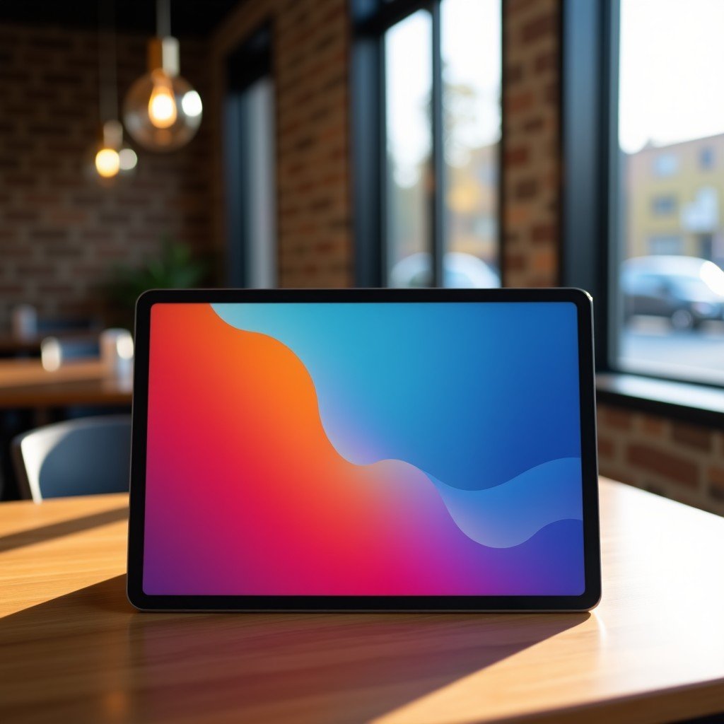 A high-end tablet with a vibrant colorful screen on a minimalist coffee shop table, lifestyle photography, natural morning light, 4:3
