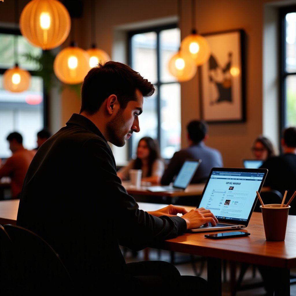 A person working on a video editing project on a laptop in a cozy cafe environment. Warm natural lighting and a realistic atmosphere. 4:3