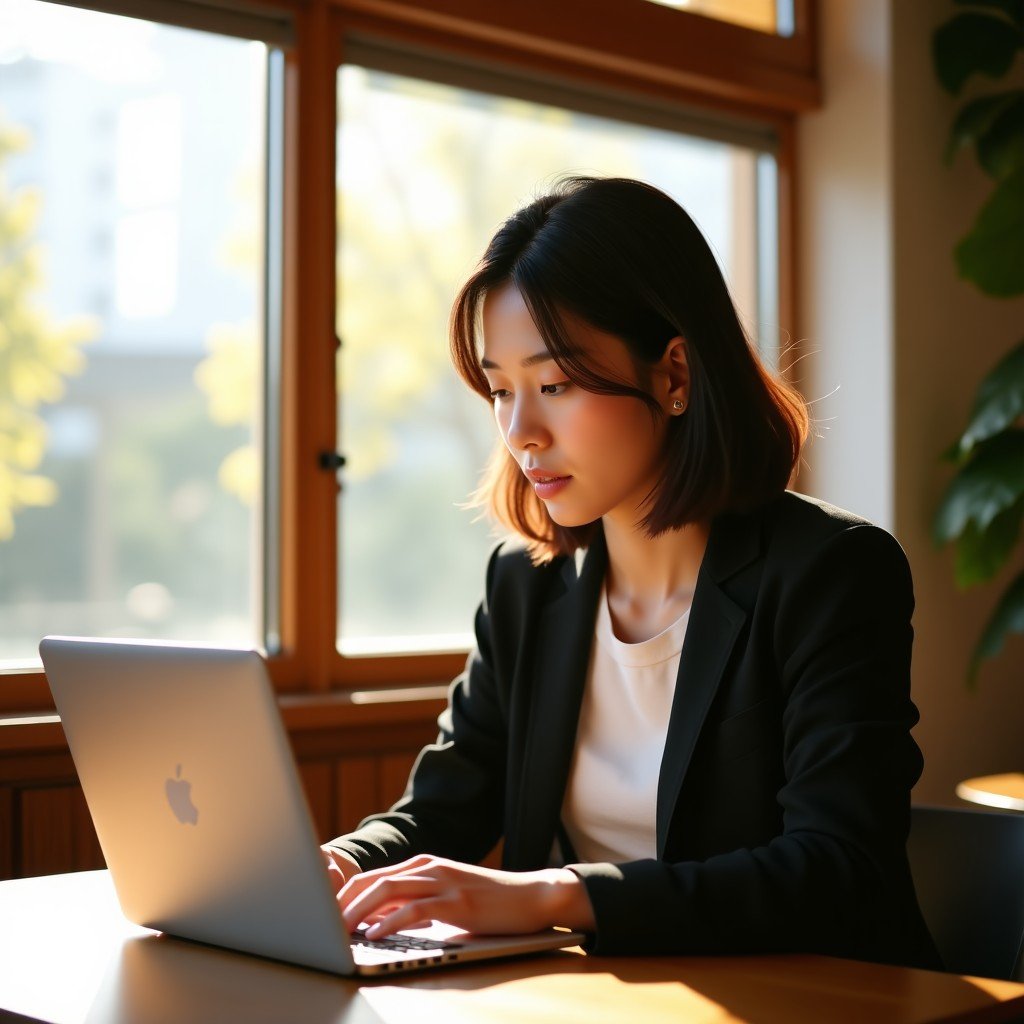A Korean university student using a sleek silver laptop in a cozy sunlit cafe, lifestyle photography, warm and natural atmosphere, depth of field, 4:3