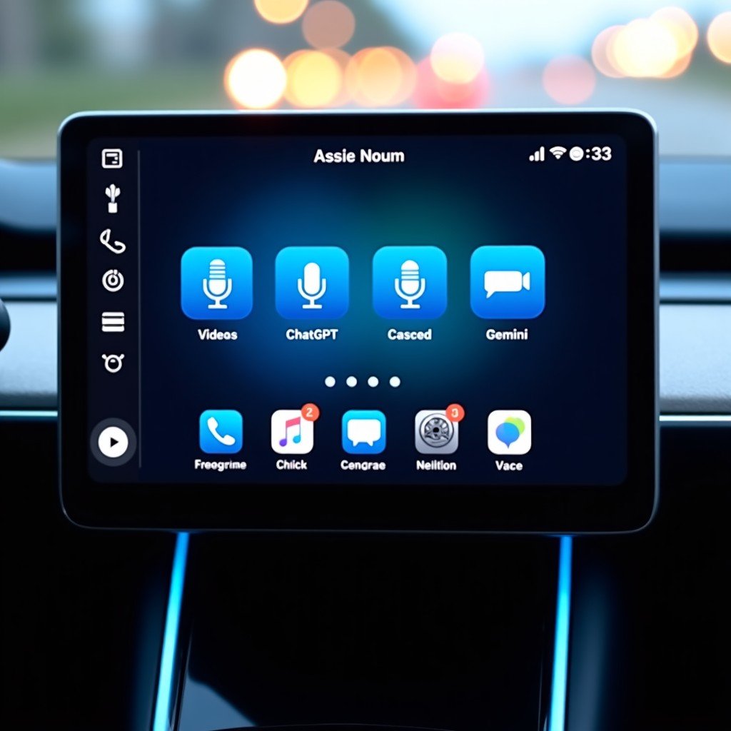 A modern car dashboard featuring a large infotainment screen showing a CarPlay interface with stylized icons for voice-based AI assistants like ChatGPT and Gemini, glowing blue voice wave patterns, premium interior lighting, 4:3