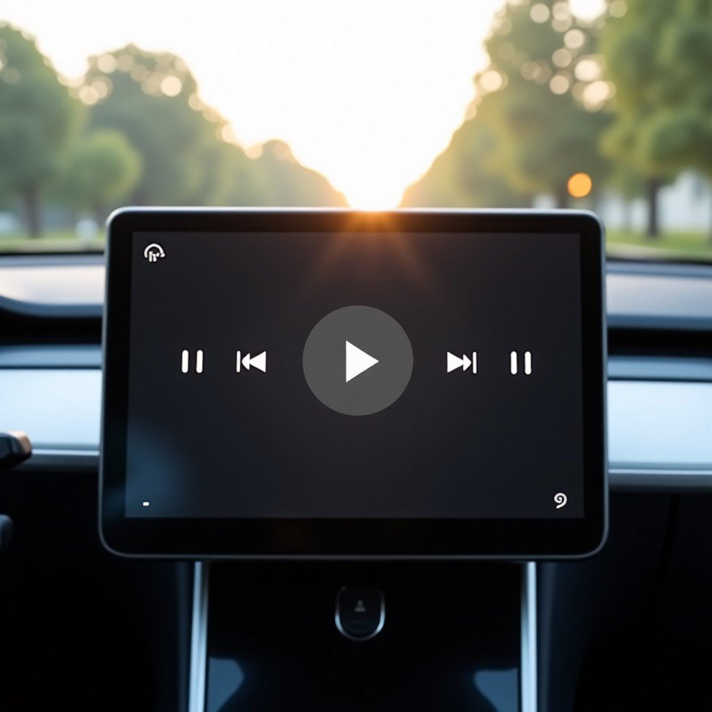 A close up shot of a car infotainment system showing a video streaming interface with play and pause buttons. The background shows a blurry interior of a parked electric vehicle. Soft sunlight filtering through the windshield. 4:3