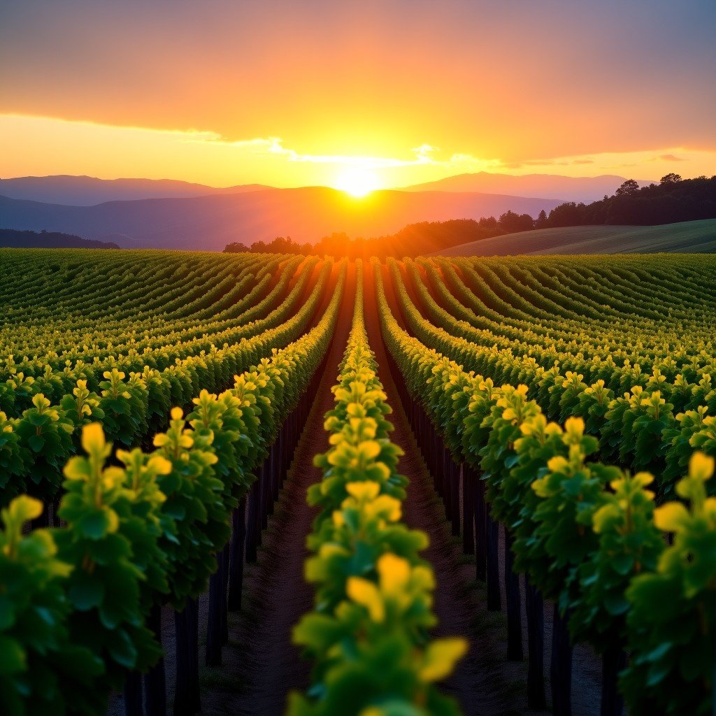 A scenic view of a lush green vineyard at sunset with rolling hills in the background. The sun creates a warm golden glow over the grapevine rows. High quality landscape photography. 4:3