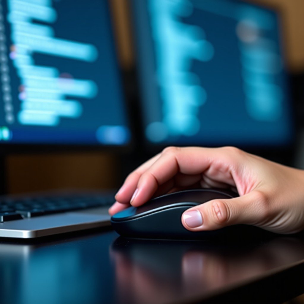 A close-up shot of a hand using a sleek computer mouse with a blurred digital context menu appearing on a monitor in the background. High-quality lifestyle photography style. 1:1