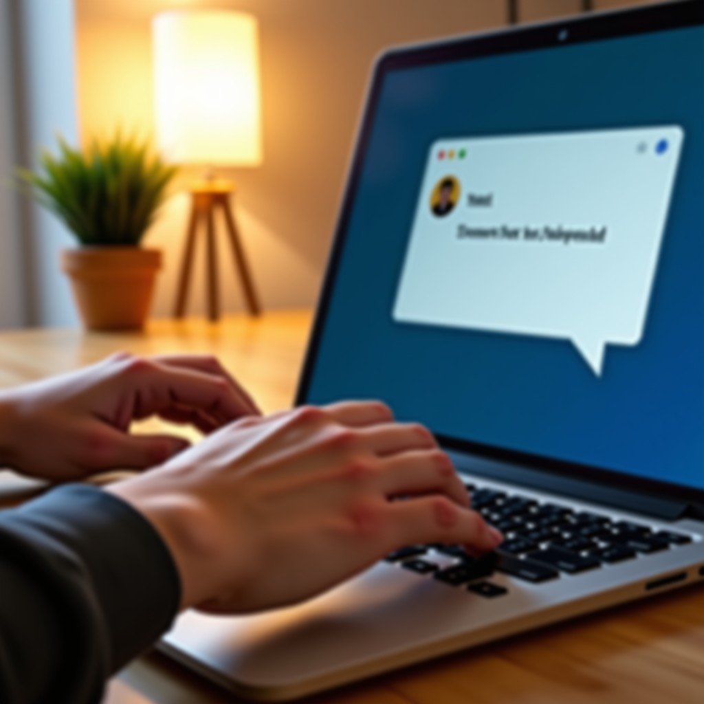 Close-up of a person's hands on a laptop keyboard, a clean AI chat sidebar showing a confirmation message, warm home office lighting, realistic and natural setting, 4:3