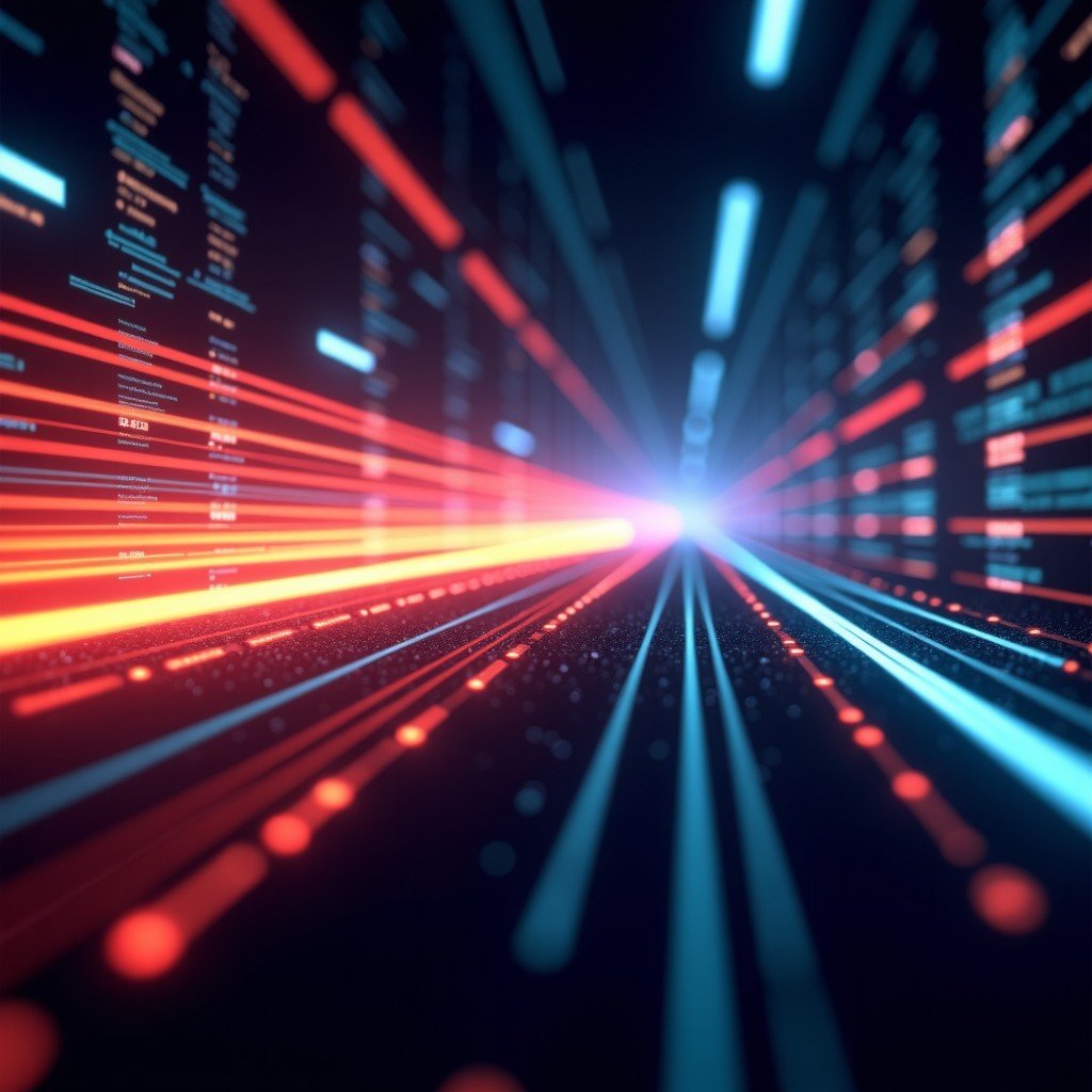 An abstract representation of fast data transmission and compression. Glowing lines of code and data packets moving quickly through a digital tunnel. High contrast and modern tech aesthetic. 4:3