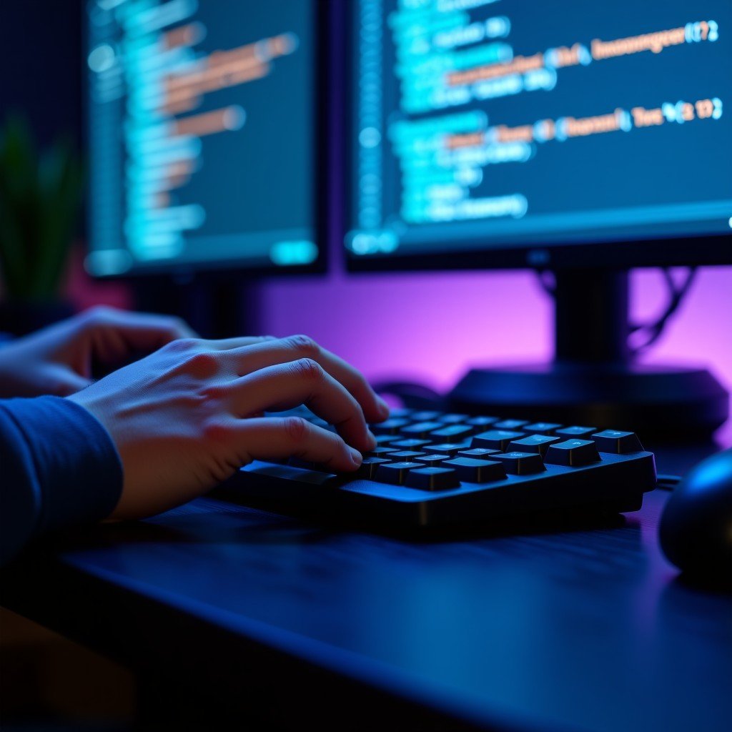 A close-up shot of a developer hands typing on a mechanical keyboard with a monitor showing lines of code and a digital assistant interface. Blue and purple ambient lighting. 4:3