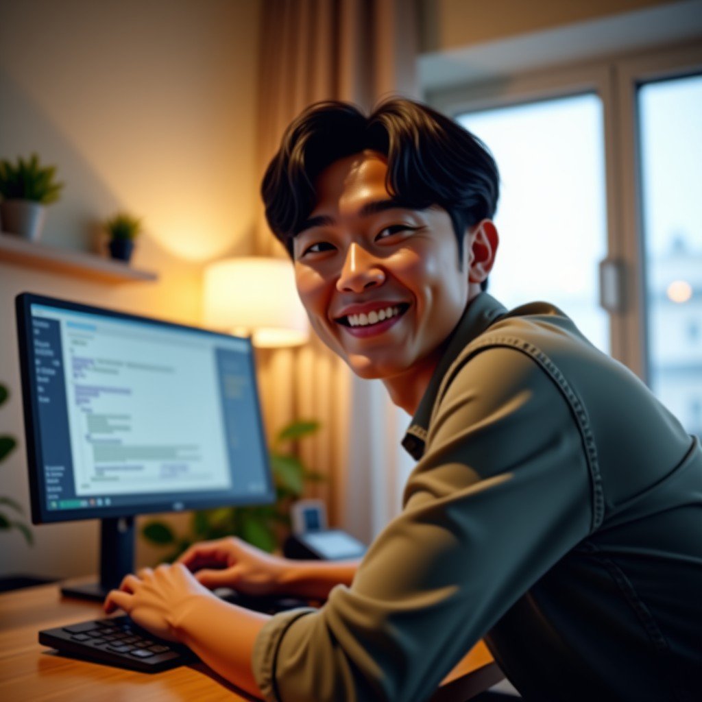 A happy Korean student smiling after completing a coding project. Modern home office background, soft warm lighting, feeling of achievement, lifestyle photography, 4:3