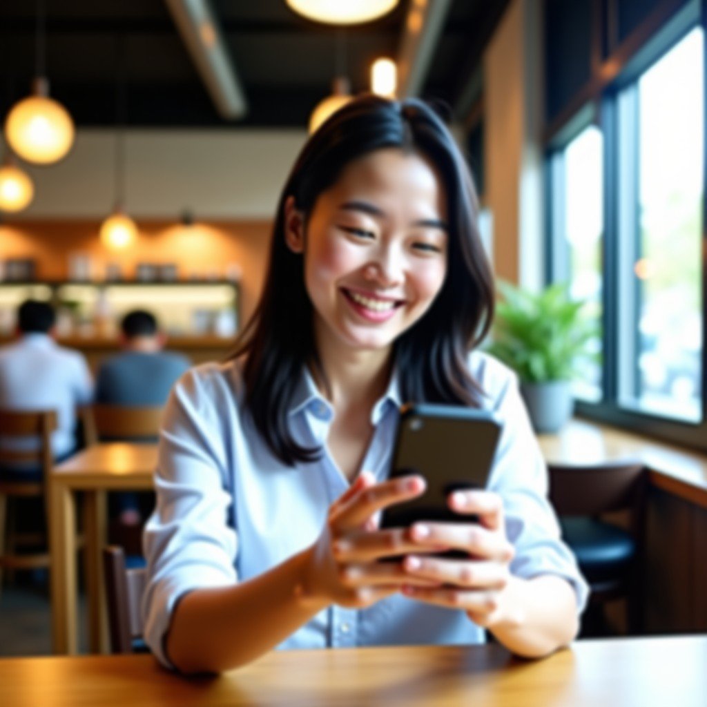 A happy Korean person looking at their smartphone screen with a satisfied expression in a bright modern cafe. Natural daylight, lifestyle photography, 1:1