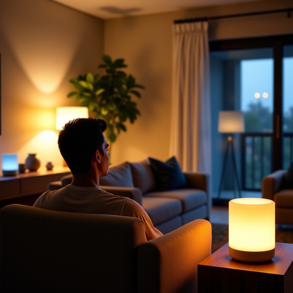 A realistic wide shot of a modern smart home interior with various devices like smart speakers and lights glowing softly. A person is comfortably sitting on a sofa. Warm lighting, professional photography style. 4:3
