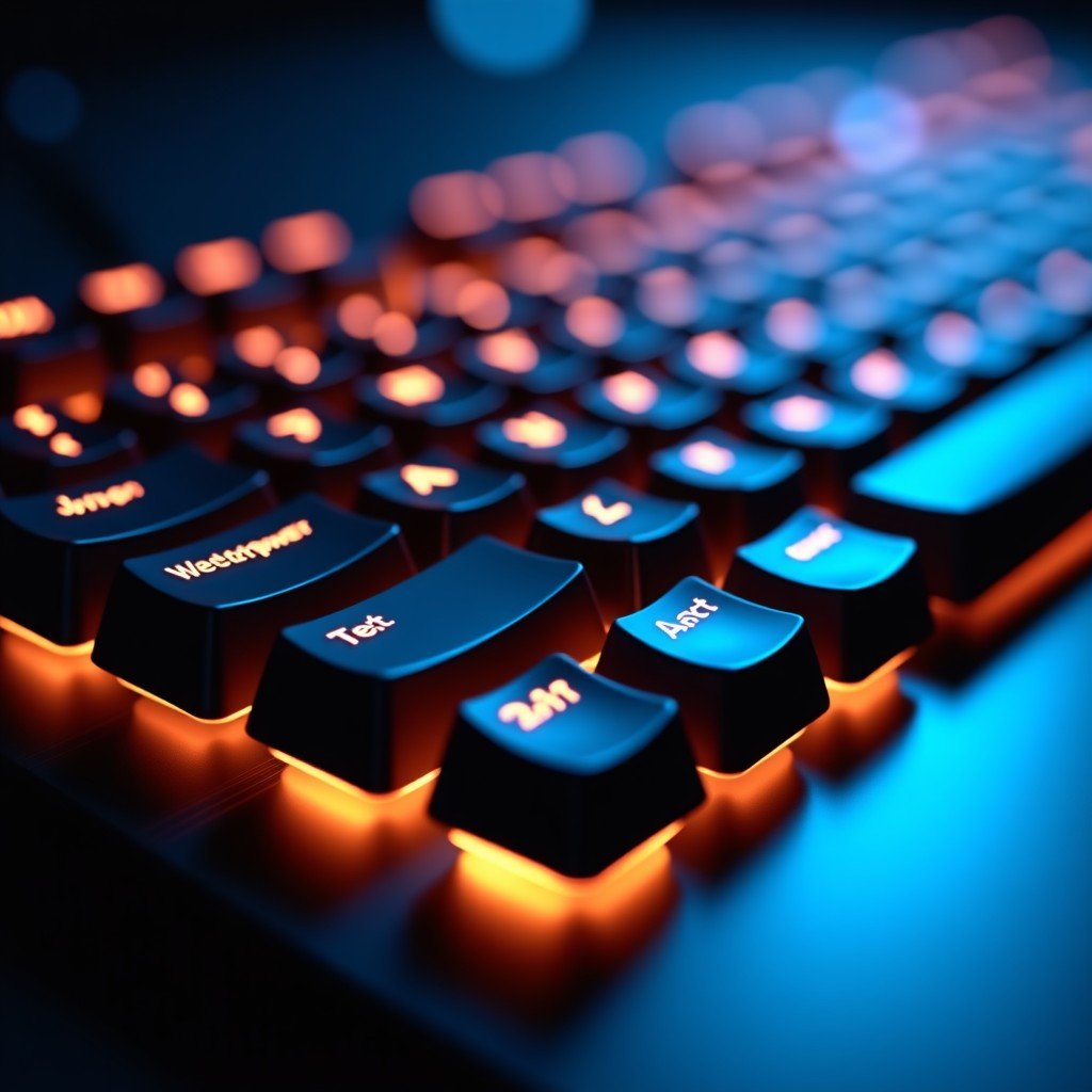 A close up of a high-end mechanical keyboard with glowing translucent digital symbols and text shortcuts floating above the keys, high tech and futuristic style, deep blue and orange lighting, 4:3