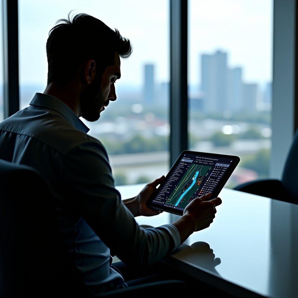 A professional person sitting in a modern office with a view of a city, using a high-end tablet to analyze Formula 1 race statistics and live footage. The tablet screen shows detailed race maps and driver data. Modern minimalist aesthetic, professional lighting. 4:3