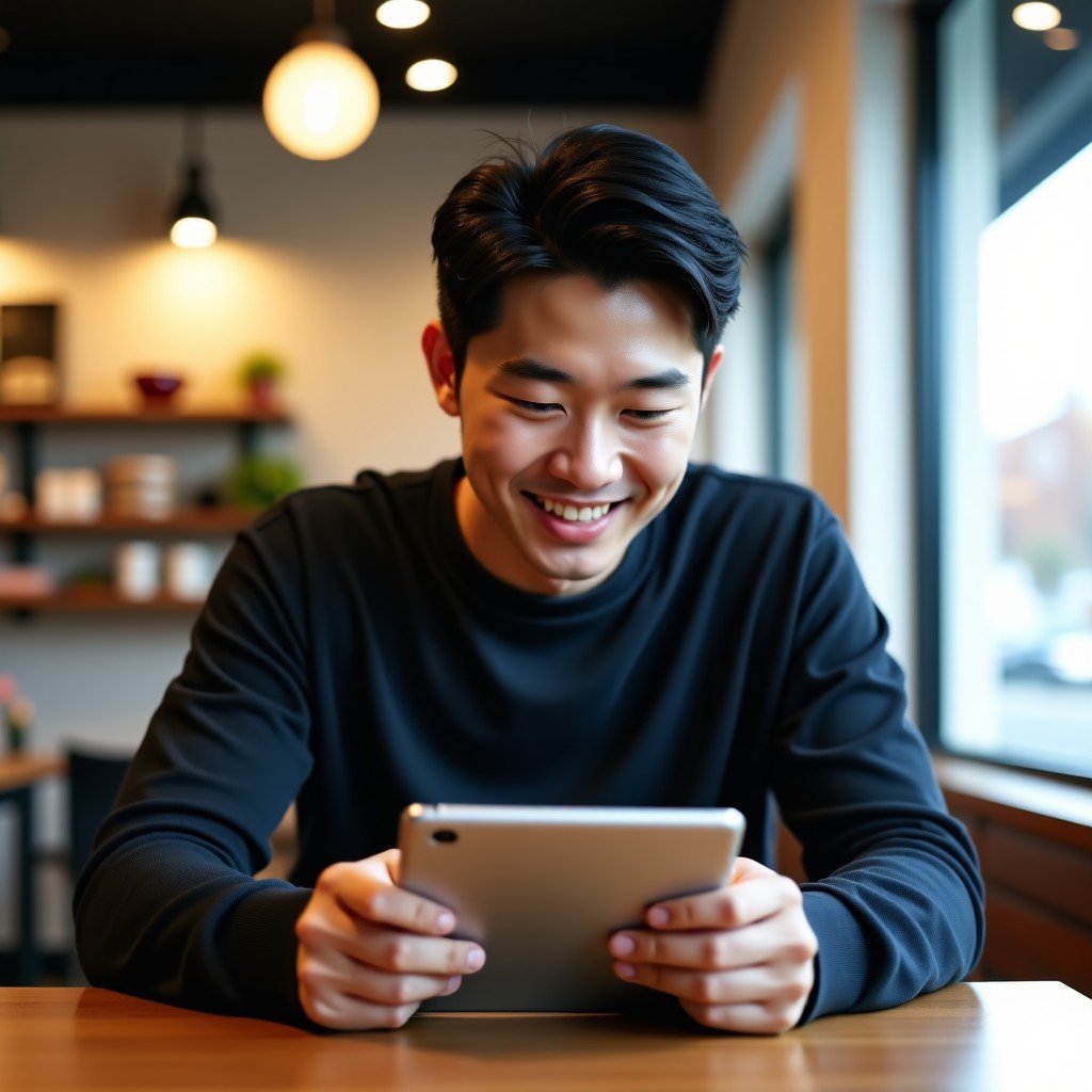 A young Korean man sitting in a cafe using a tablet with a focused and satisfied expression. The screen shows a smooth scrolling webpage. Natural lighting, candid lifestyle shot, 4:3.